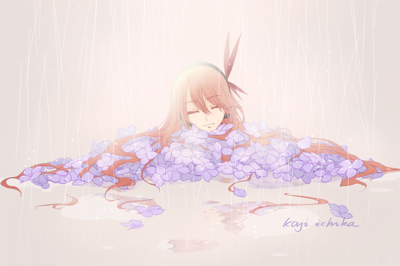 akame_ga_kill!, chelsea_(akame_ga_kill!), flowers, headphones, kaji_ichika, long_hair, pink_hair, rain