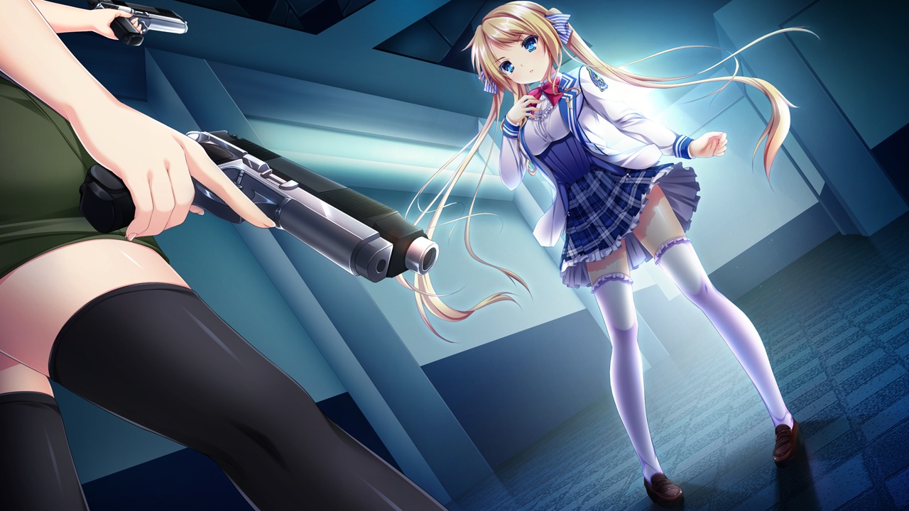 game_cg, giga, gun, harvest_overray, mikami_riria, nironiro, school_uniform, weapon