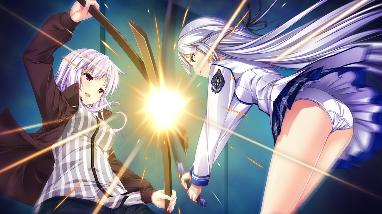 2girls, blush, braids, game_cg, giga, gray_hair, harvest_overray, long_hair