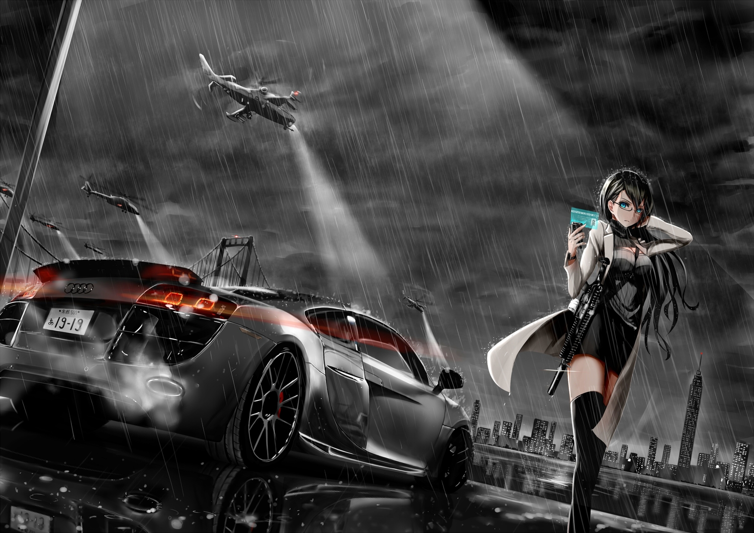 aircraft, black_hair, blue_eyes, building, car, city, clouds, combat_vehicle, glasses, gun, long_hair, original, phone, polychromatic, rain, shijiu_(adamhutt), skirt, sky, thighhighs, water, weapon, zettai_ryouiki