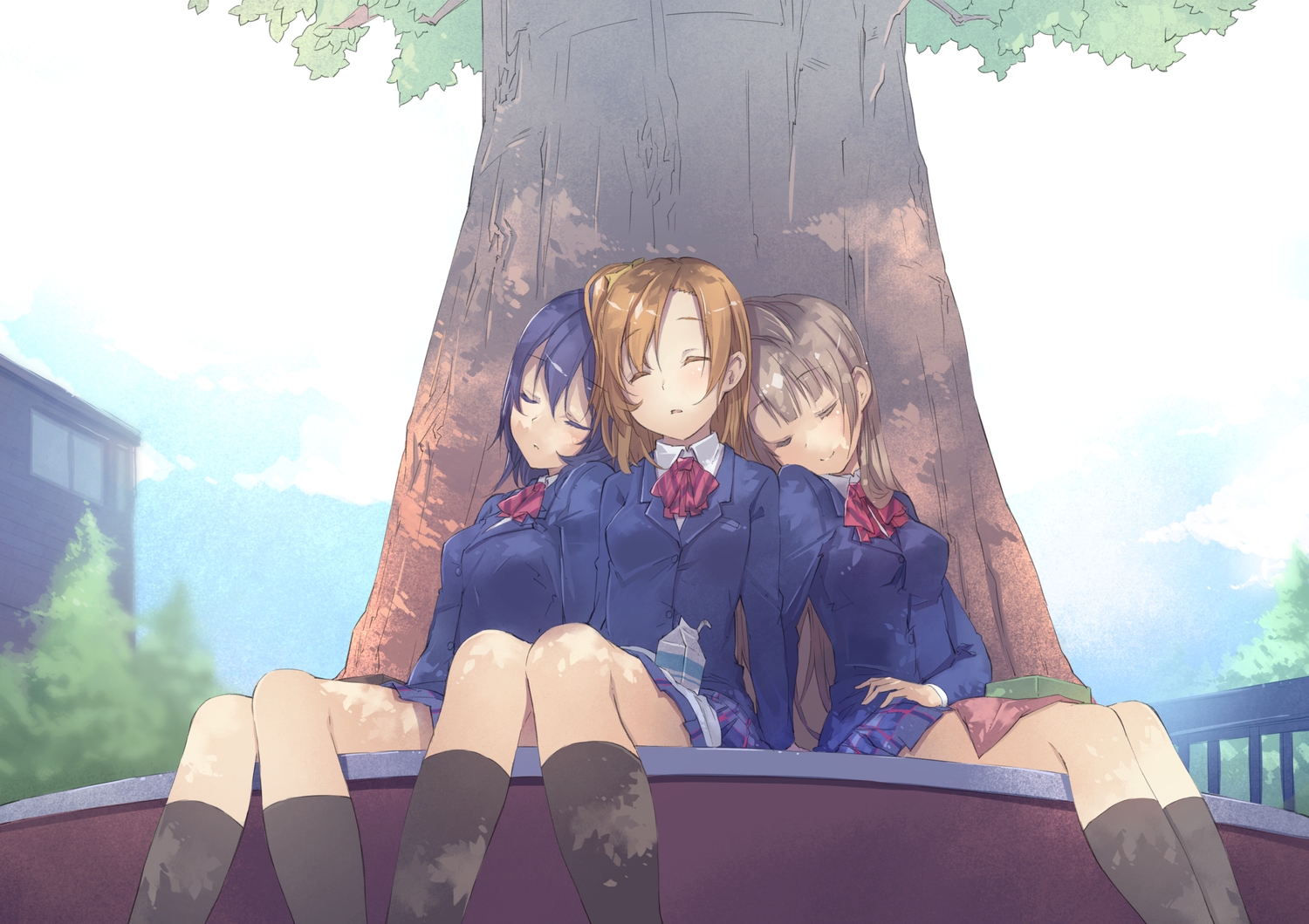 blue_hair, brown_hair, drink, kneehighs, kousaka_honoka, love_live!_school_idol_project, minami_kotori, miya_kazutomo