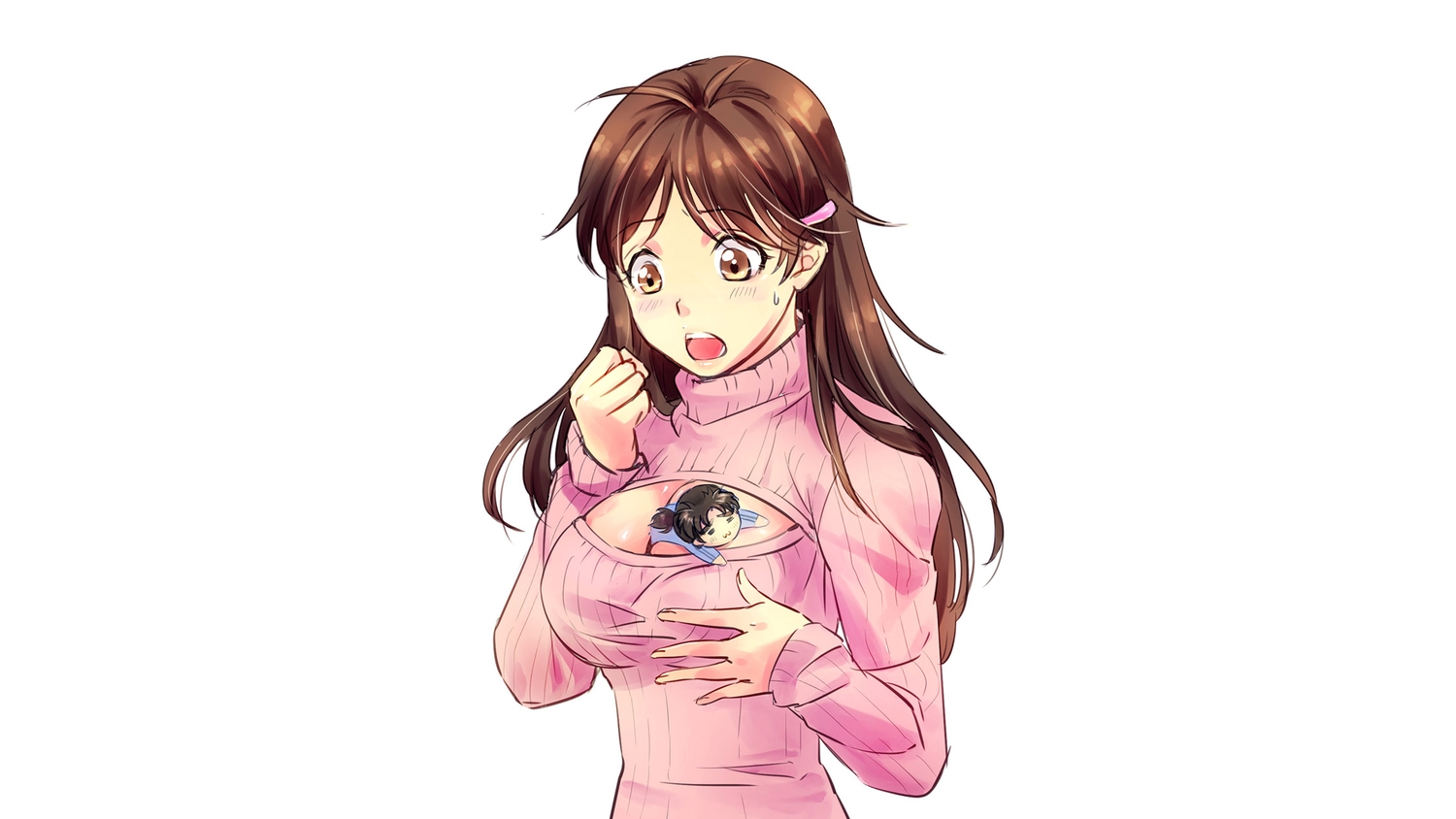 breasts, brown_hair, chibi, cleavage, kelly1412, kindaichi_case_files, kindaichi_hajime, long_hair, male, nanase_miyuki, white, yellow_eyes