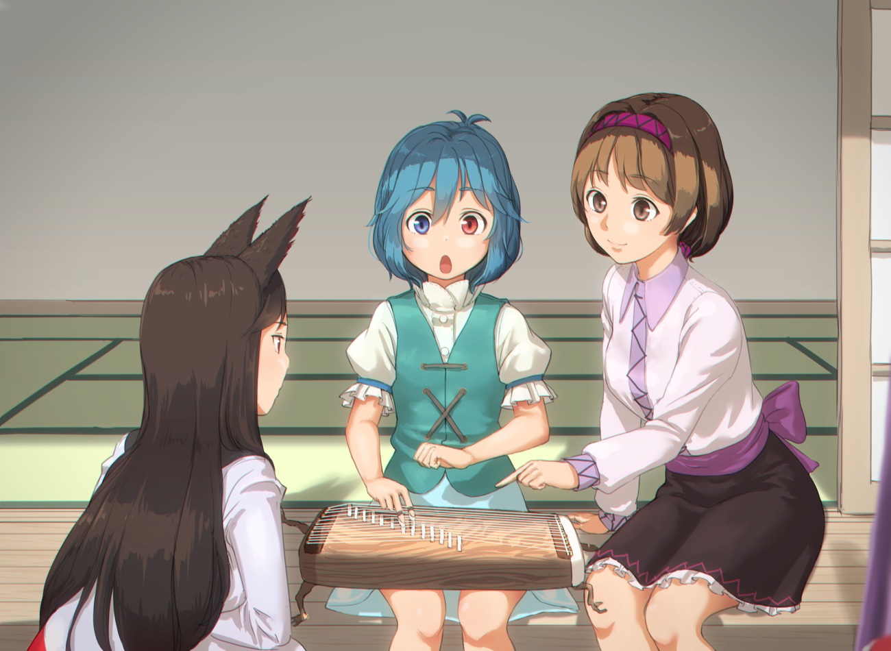 animal_ears, bicolored_eyes, blue_hair, brown_eyes, brown_hair, headband, imaizumi_kagerou, instrument, kitano_(kitanosnowwhite), long_hair, ribbons, shirt, short_hair, skirt, tatara_kogasa, touhou, tsukumo_yatsuhashi, wolfgirl