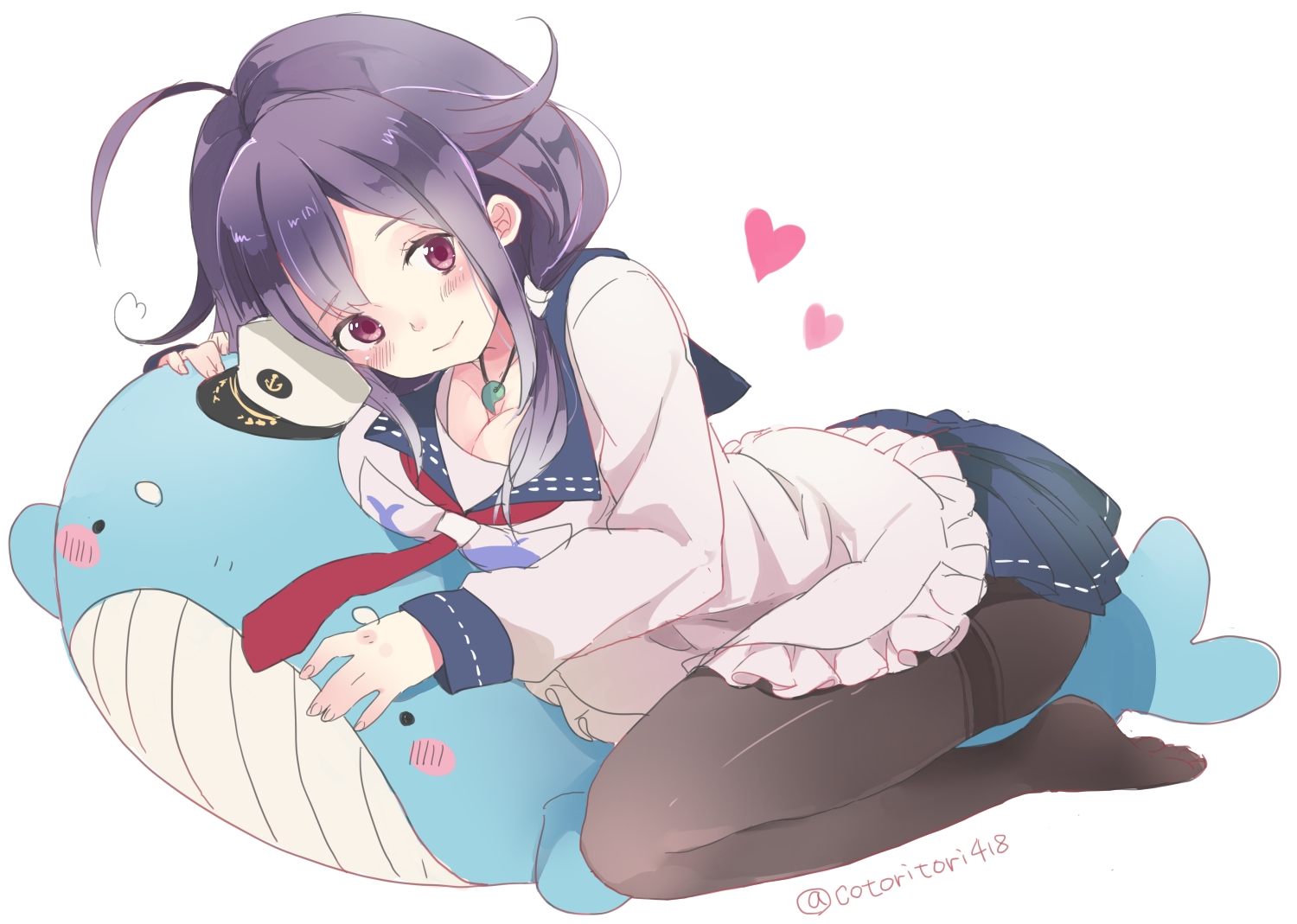 anthropomorphism, blue_hair, blush, breasts, chiyu_(cotoritori), cleavage, kantai_collection, long_hair, necklace, pantyhose, pink_eyes, skirt, taigei_(kancolle), tie