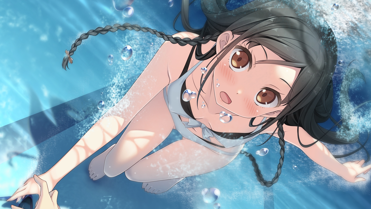 bikini, black_hair, brown_eyes, cube, erect_nipples, game_cg, kantoku, koi_suru_kanojo_no_bukiyou_na_butai, long_hair, nanase_sena, pool, swimsuit, underwater, water