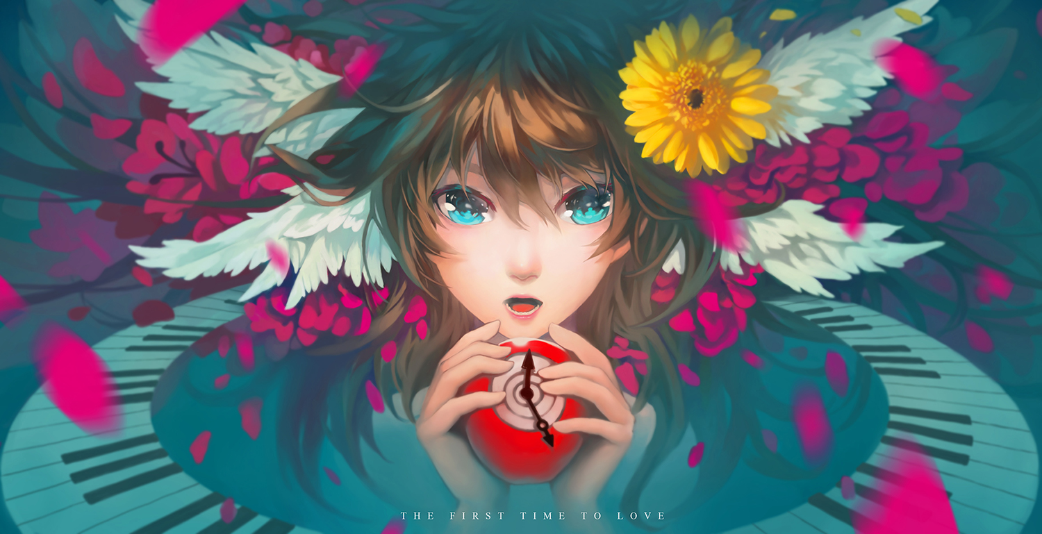 apple, aqua_eyes, brown_hair, felix_(felix901123), flowers, food, fruit, long_hair