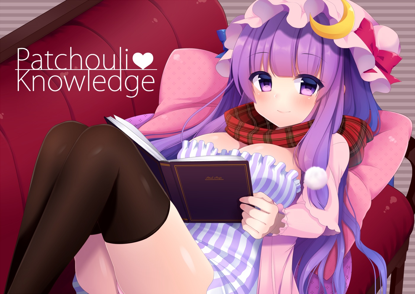 blush, book, breasts, cleavage, hat, long_hair, miiiiiiii, panties, patchouli_knowledge, purple_hair, scarf, thighhighs, touhou, underwear