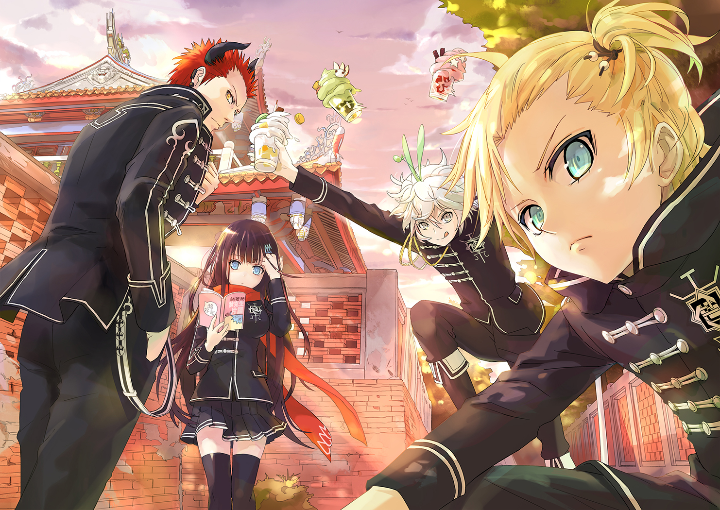 black_hair, blonde_hair, blue_eyes, book, building, eat, food, group