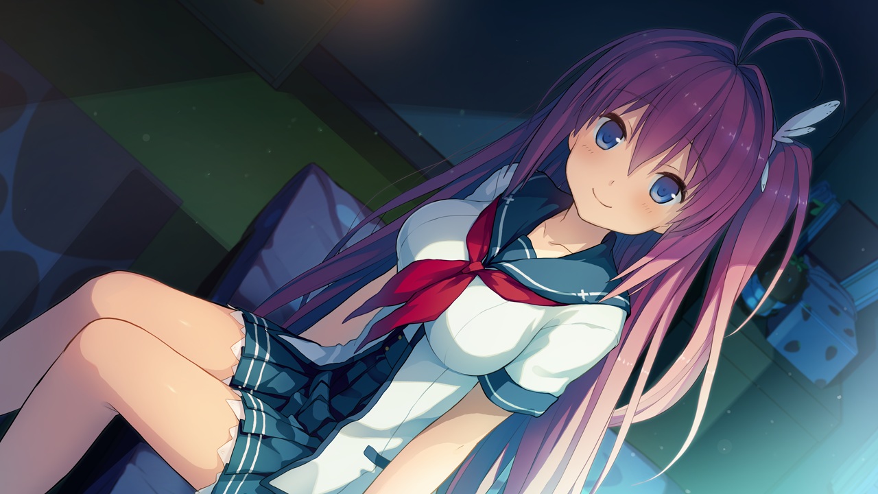 ao_no_kanata_no_four_rhythm, bed, blue_eyes, game_cg, kurashina_asuka, long_hair, pink_hair, school_uniform