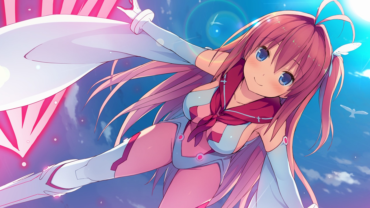 ao_no_kanata_no_four_rhythm, blue_eyes, blush, bodysuit, elbow_gloves, game_cg, gloves, kurashina_asuka