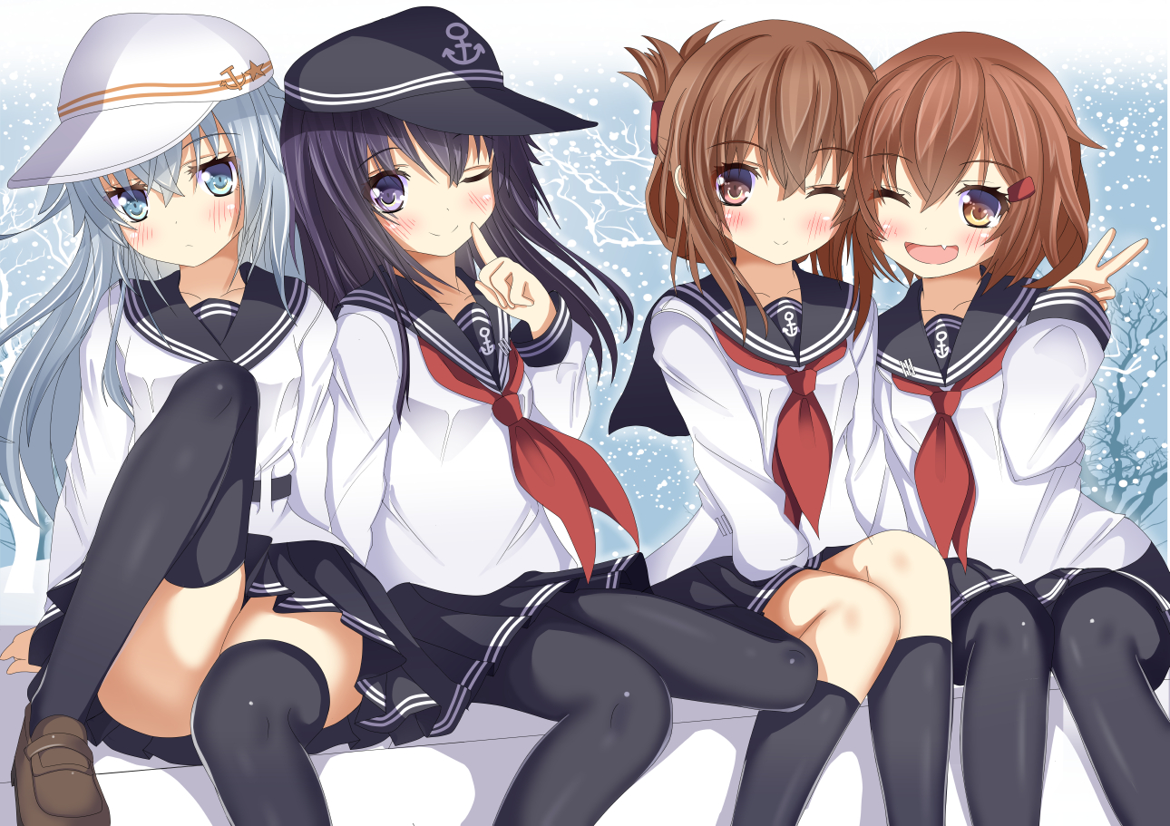 akatsuki_(kancolle), aliasing, anthropomorphism, aruka_(alka_p1), black_hair, blue_eyes, blush, fang, group, hat, hibiki_(kancolle), ikazuchi_(kancolle), inazuma_(kancolle), kantai_collection, long_hair, pantyhose, purple_eyes, school_uniform, short_hair, skirt, thighhighs, verniy_(kancolle), white_hair, wink