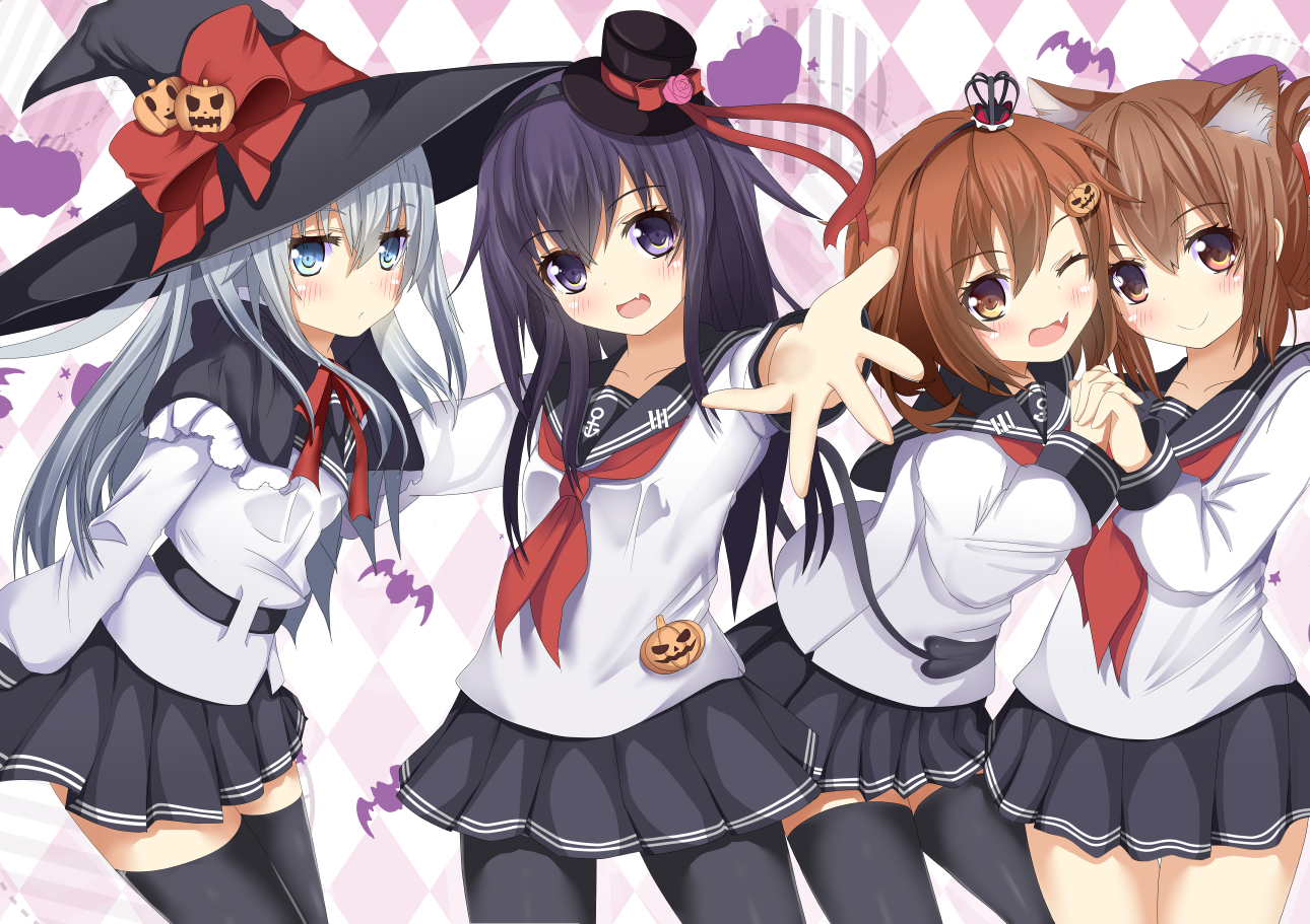 akatsuki_(kancolle), aliasing, animal_ears, anthropomorphism, aruka_(alka_p1), black_hair, blue_eyes, blush, bow, brown_eyes, brown_hair, crown, fang, flowers, group, halloween, hat, hibiki_(kancolle), ikazuchi_(kancolle), inazuma_(kancolle), kantai_collection, long_hair, pantyhose, pumpkin, ribbons, rose, school_uniform, short_hair, thighhighs, verniy_(kancolle), white_hair, wink