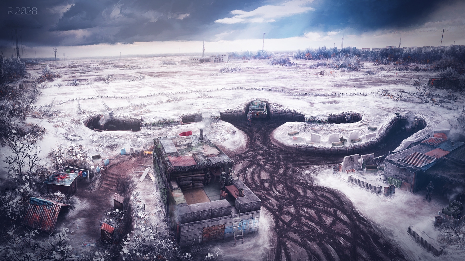 clouds, combat_vehicle, gun, landscape, military, original, realistic, scenic, sky, snow, tree, weapon, winter, yu-kun