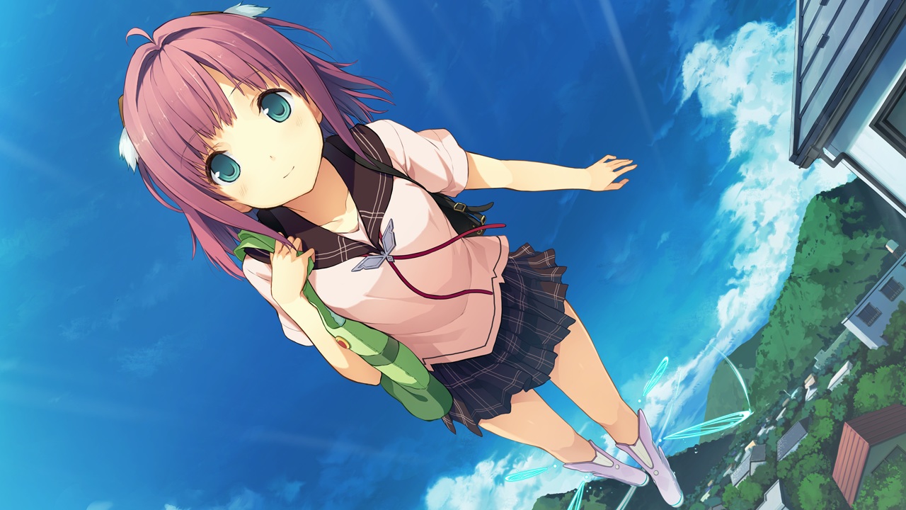 ao_no_kanata_no_four_rhythm, blue_eyes, boots, clouds, game_cg, ichinose_rika, purple_hair, school_uniform