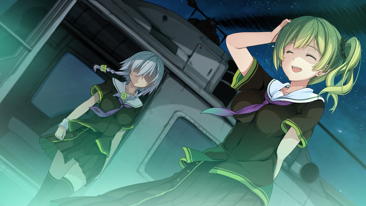 2girls, aircraft, ao_no_kanata_no_four_rhythm, braids, game_cg, gray_hair, green_hair, inui_saki, irina_avalon, night, school_uniform, short_hair, skirt, sprite, stars, suzumori, thighhighs, yuuki_itsuka, zettai_ryouiki