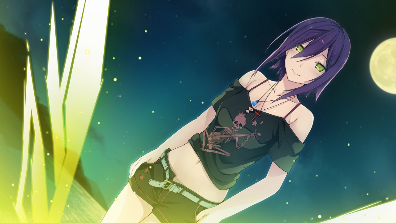 ao_no_kanata_no_four_rhythm, cross, game_cg, green_eyes, kagami_aoi, moon, necklace, night, purple_hair, shorts, sprite, suzumori, water, yuuki_itsuka