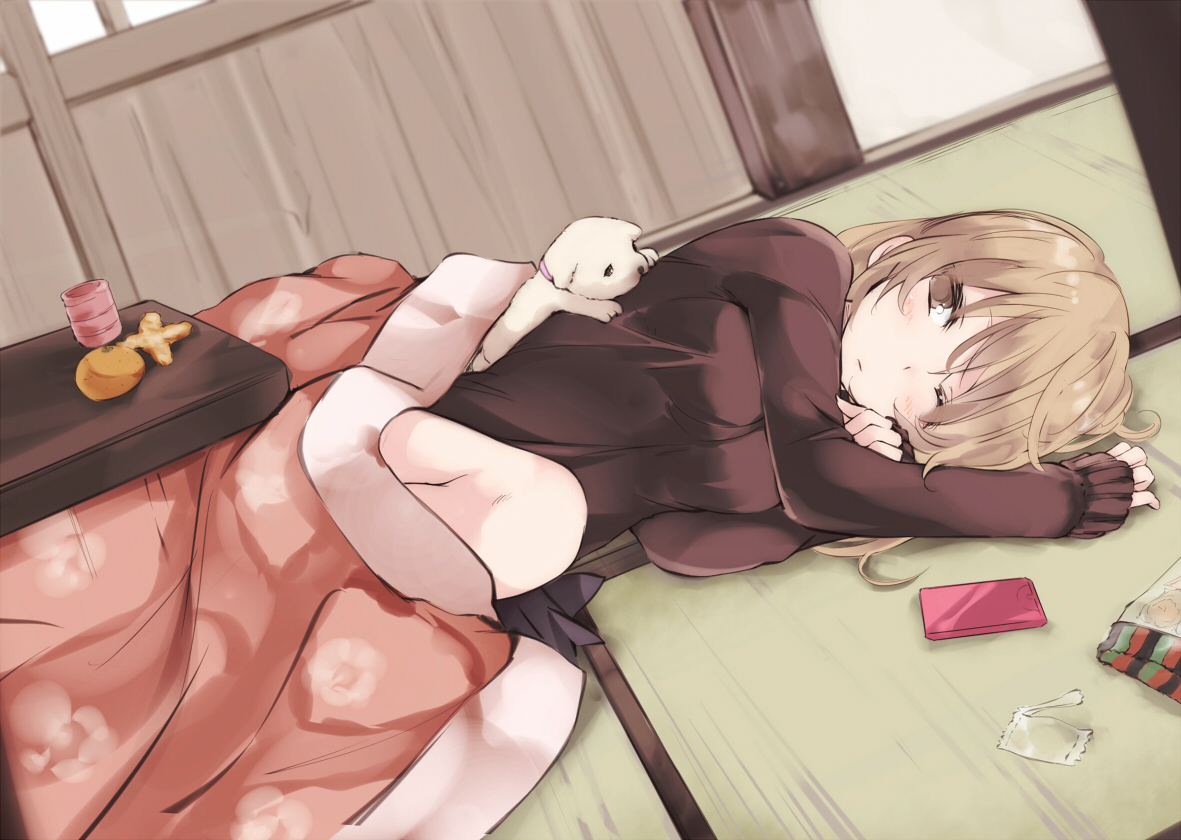 animal, brown_eyes, brown_hair, dog, food, kotatsu, original, phone