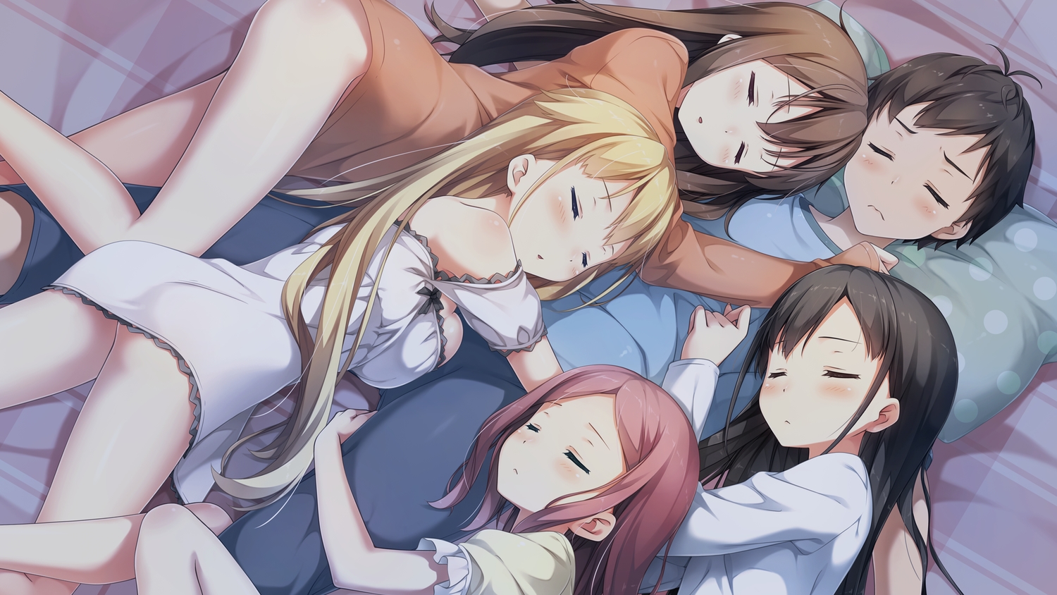 alice_third_macy, bed, chiyoda_momoka, cube, game_cg, group, harem, kantoku, koi_suru_kanojo_no_bukiyou_na_butai, male, miyakuni_ichigo, nanase_sena, pajamas, sleeping, togawa_mayuu