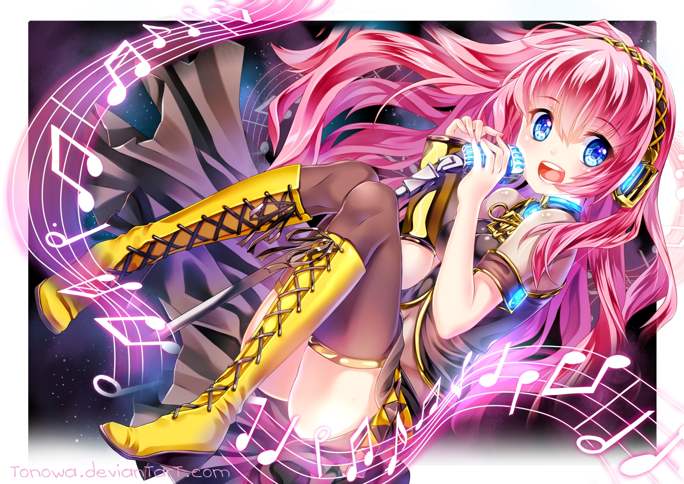 blue_eyes, boots, dress, long_hair, megurine_luka, music, pink_hair, thighhighs