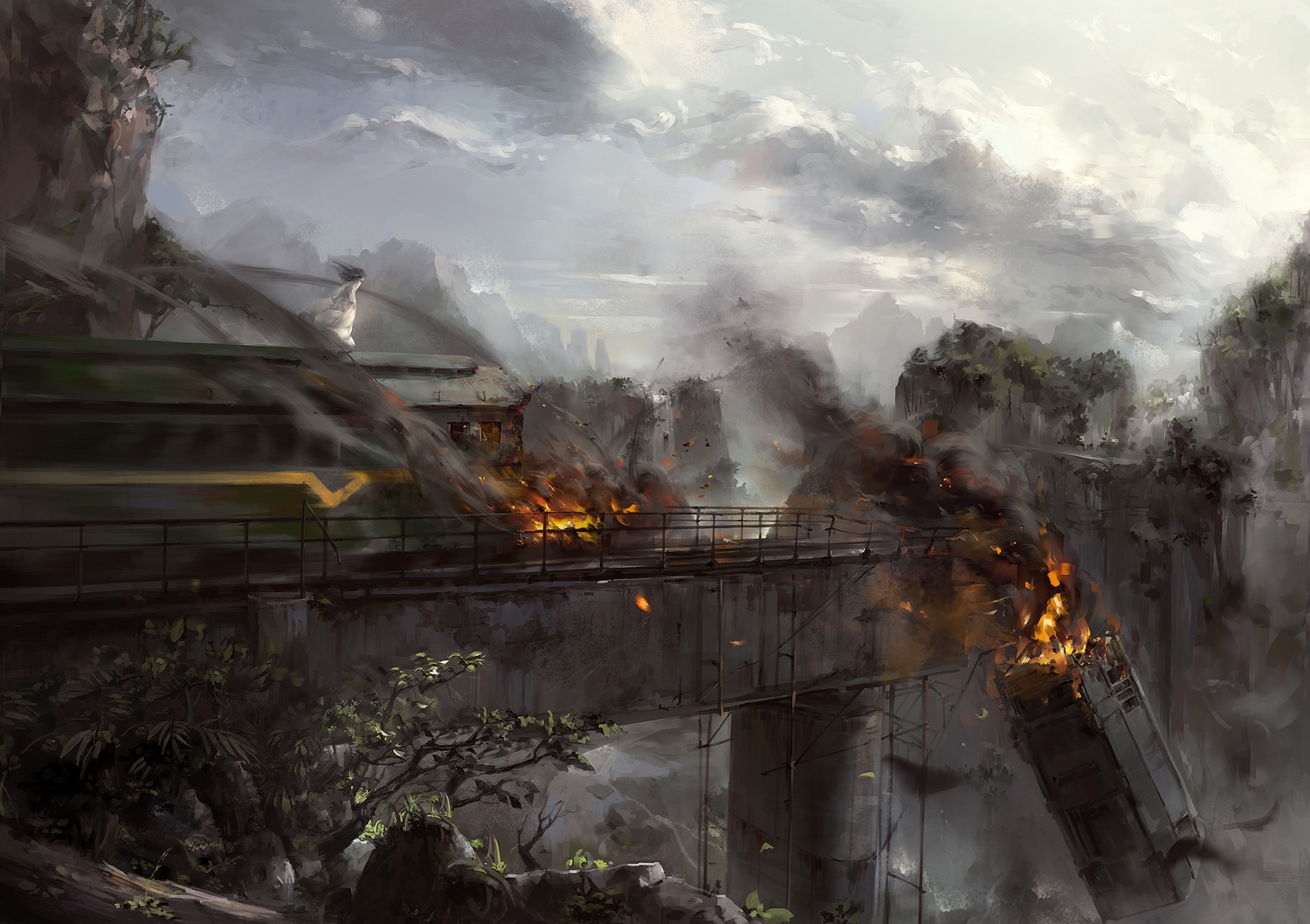 a-shacho, clouds, fire, landscape, leaves, long_hair, original, ruins, scenic, sky, train, tree