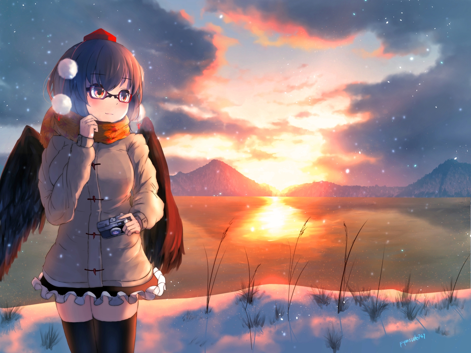 blush, camera, clouds, glasses, hat, pyonsuke0141, scarf, shameimaru_aya, signed, skirt, sky, thighhighs, touhou, wings, zettai_ryouiki