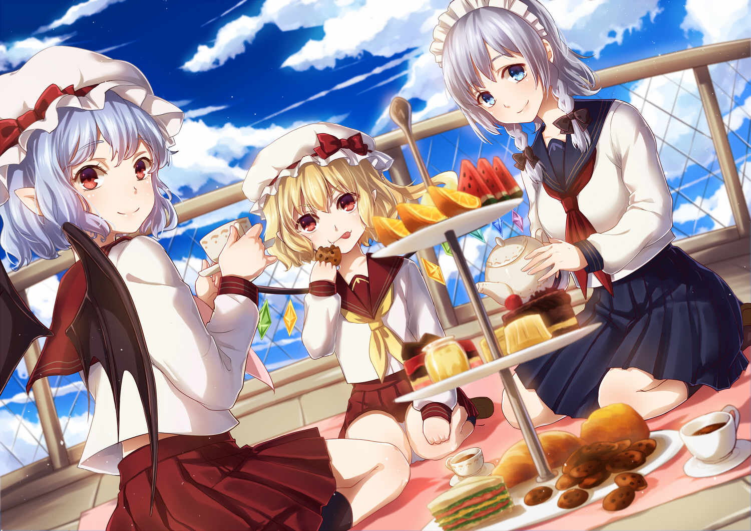 blonde_hair, blue_eyes, blue_hair, cake, drink, flandre_scarlet, food, fruit