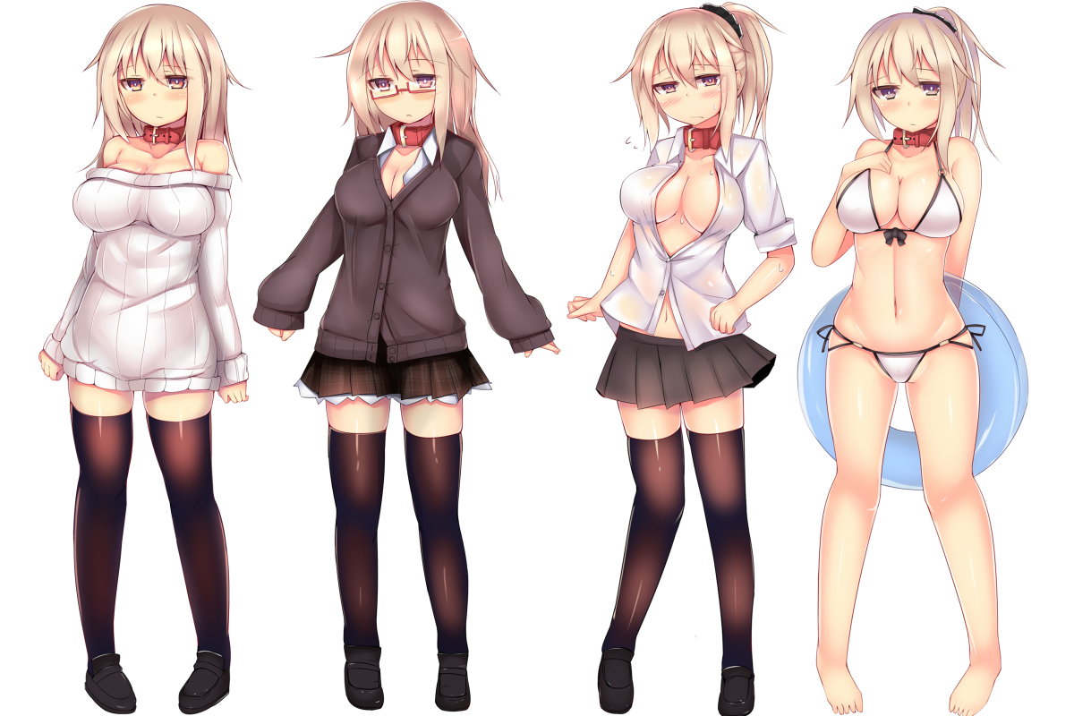 aliasing, barefoot, bikini, blonde_hair, blush, breasts, cleavage, collar, glasses, kubiwa_(kutan), kutan, long_hair, navel, open_shirt, original, ponytail, purple_eyes, school_uniform, skirt, swim_ring, swimsuit, thighhighs, white, zettai_ryouiki