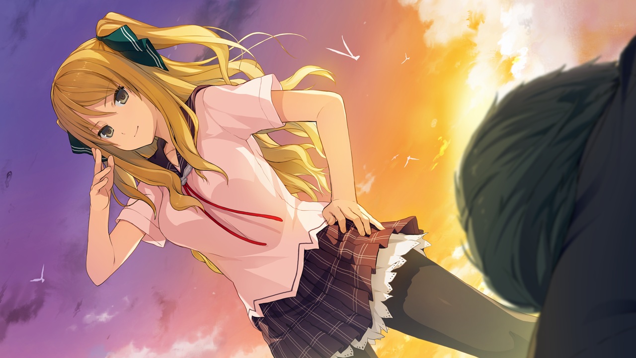 animal, ao_no_kanata_no_four_rhythm, bird, blonde_hair, game_cg, long_hair, pantyhose, satouin_reiko, school_uniform, skirt, sky, sprite, suzumori, yellow_eyes, yuuki_itsuka