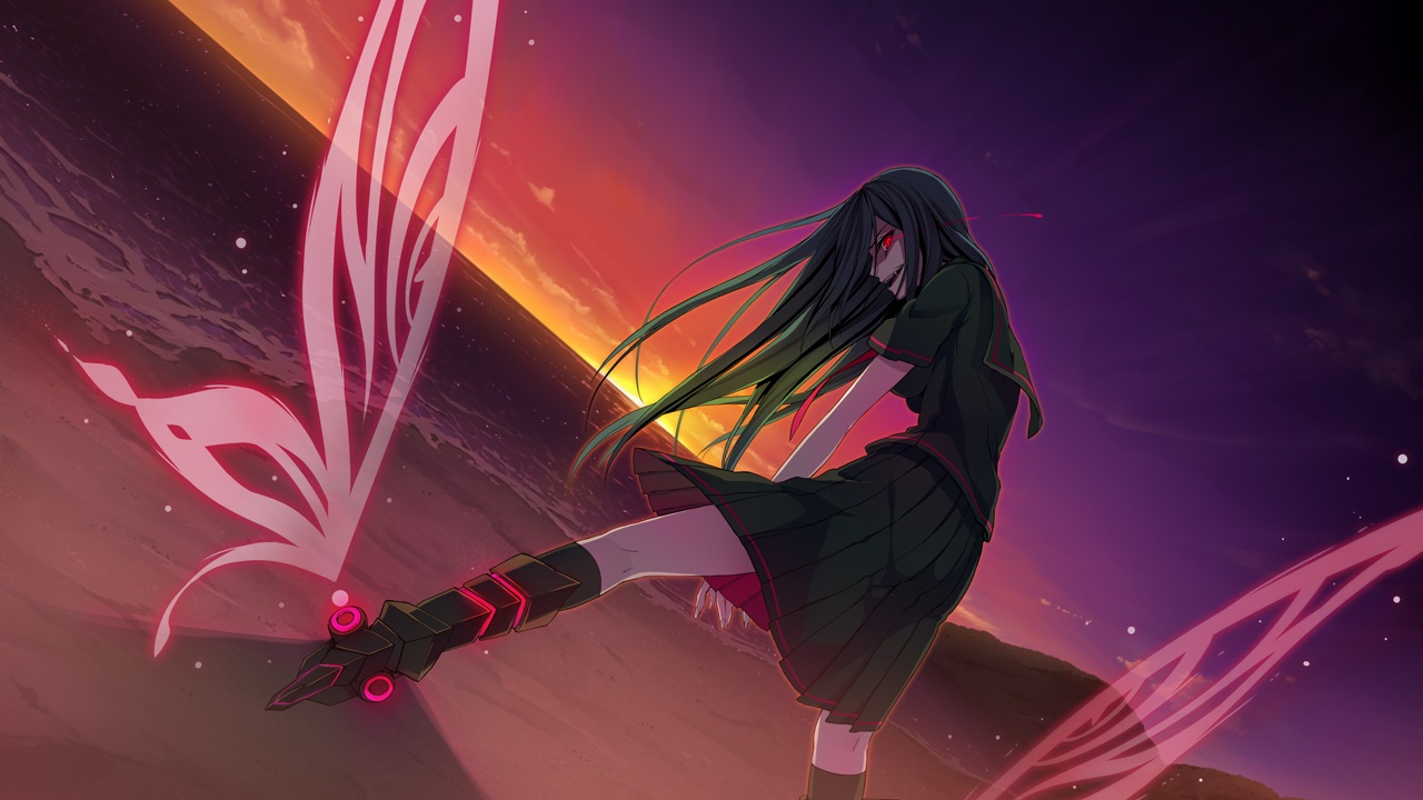 ao_no_kanata_no_four_rhythm, beach, black_hair, boots, game_cg, kneehighs, kurobuchi_kasumi, long_hair, red_eyes, school_uniform, skirt, sky, sprite, sunset, suzumori, water, wings, yuuki_itsuka