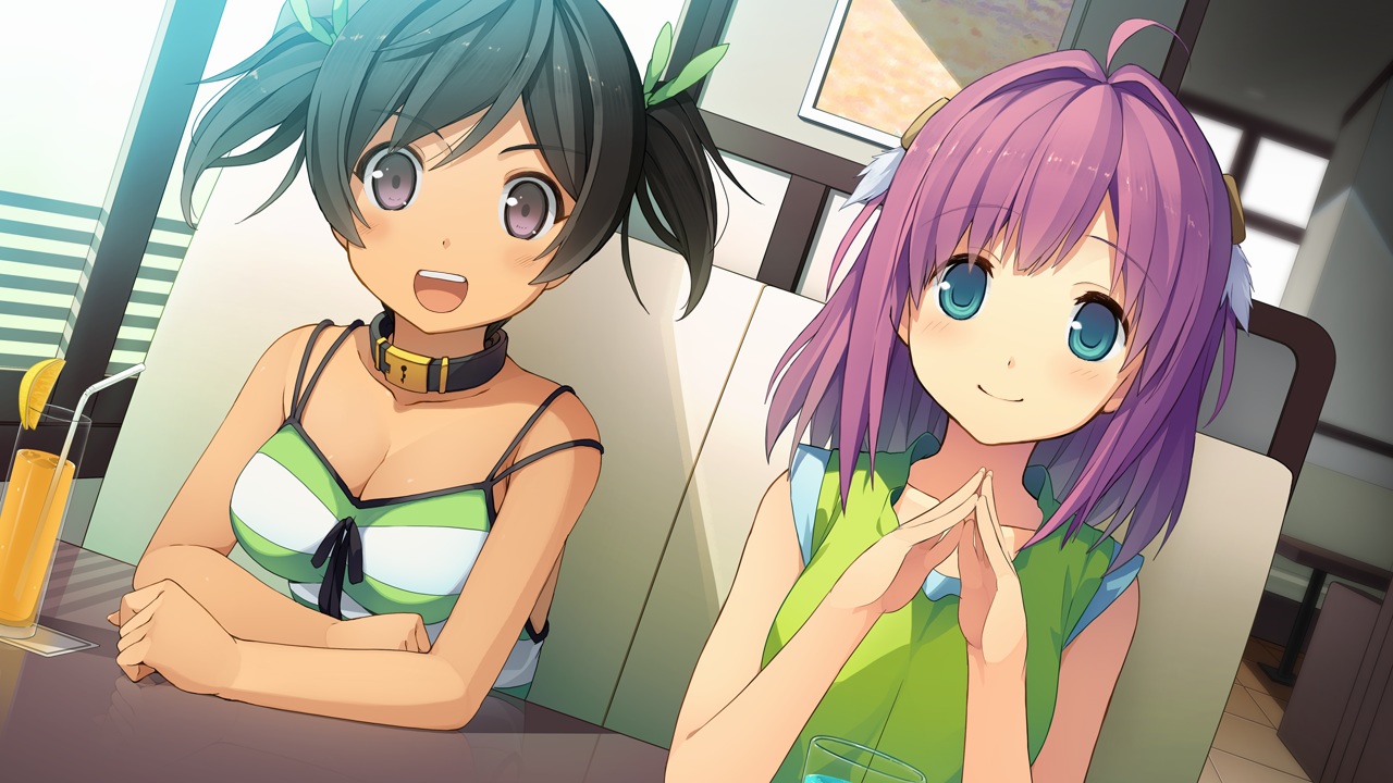 2girls, ao_no_kanata_no_four_rhythm, breasts, choker, cleavage, game_cg, ichinose_rika, okoze_arika, pink_hair, ribbons, short_hair, sprite, suzumori, yuuki_itsuka