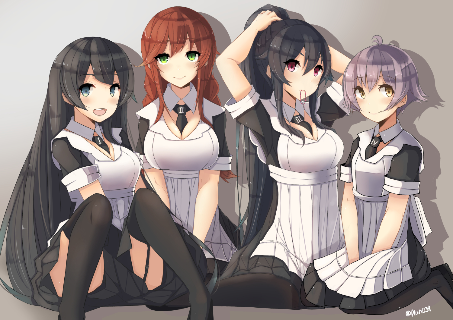 agano_(kancolle), anthropomorphism, apron, black_hair, blue_eyes, braids, breasts, brown_hair, cleavage, green_eyes, group, kantai_collection, long_hair, maid, noshiro_(kancolle), pantyhose, pink_eyes, plan_(planhaplalan), ponytail, purple_hair, sakawa_(kancolle), short_hair, thighhighs, yahagi_(kancolle), yellow_eyes