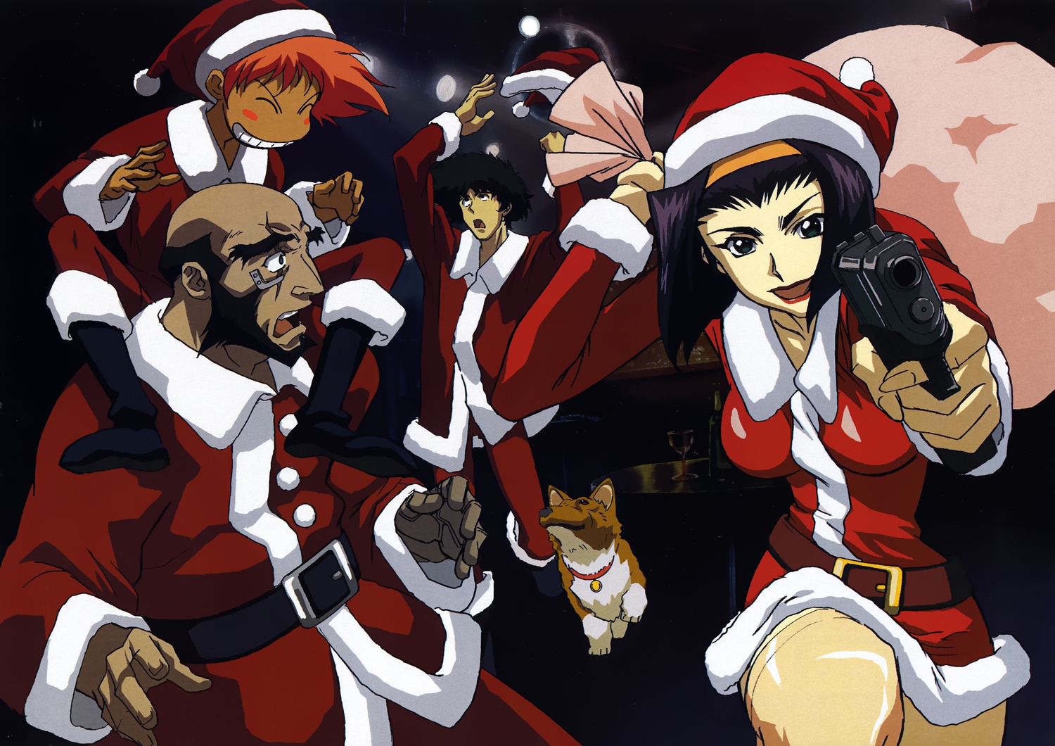 christmas, cowboy_bebop, edward_wong_hau_pepelu_tivrusky_iv, ein_(cowboy_bebop), faye_valentine, gun, jet_black, male
