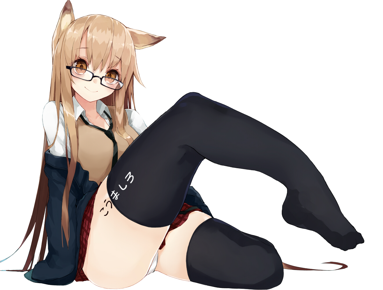 animal_ears, brown_eyes, brown_hair, glasses, kou_mashiro, long_hair, original, panties