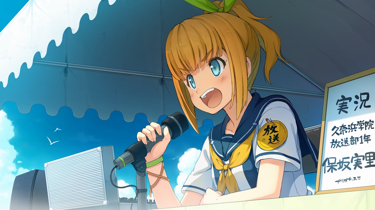 animal, ao_no_kanata_no_four_rhythm, bird, blonde_hair, blue_eyes, blush, game_cg, hosaka_minori, microphone, ponytail, school_uniform, short_hair, sprite, suzumori, translation_request, wristwear, yuuki_itsuka