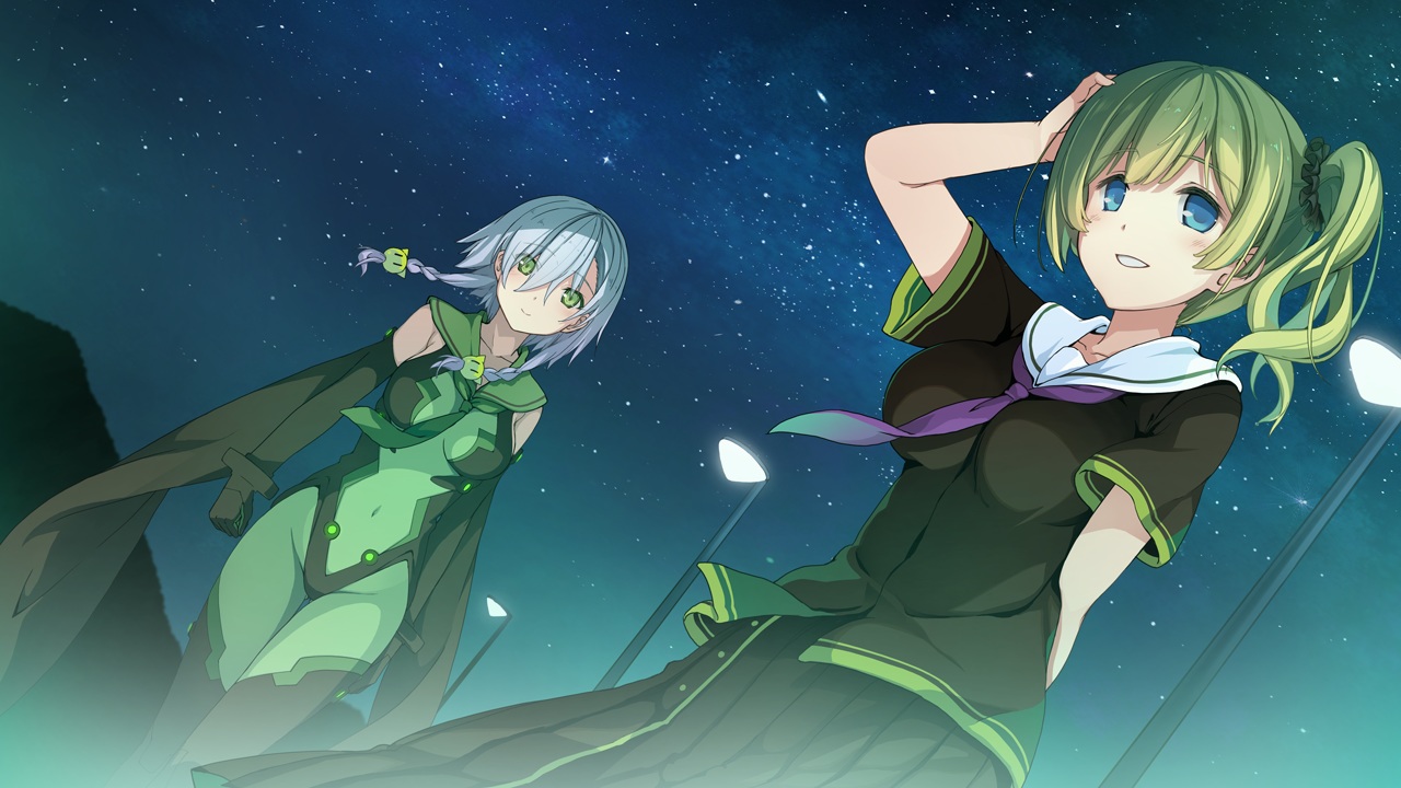 2girls, ao_no_kanata_no_four_rhythm, blonde_hair, blue_eyes, bodysuit, braids, elbow_gloves, game_cg, gloves, gray_hair, green_eyes, inui_saki, irina_avalon, night, ponytail, school_uniform, short_hair, skintight, skirt, sky, sprite, stars, suzumori, tie, yuuki_itsuka