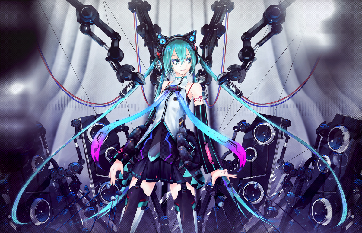 ajigo, aqua_eyes, aqua_hair, hatsune_miku, headphones, long_hair, microphone, skirt
