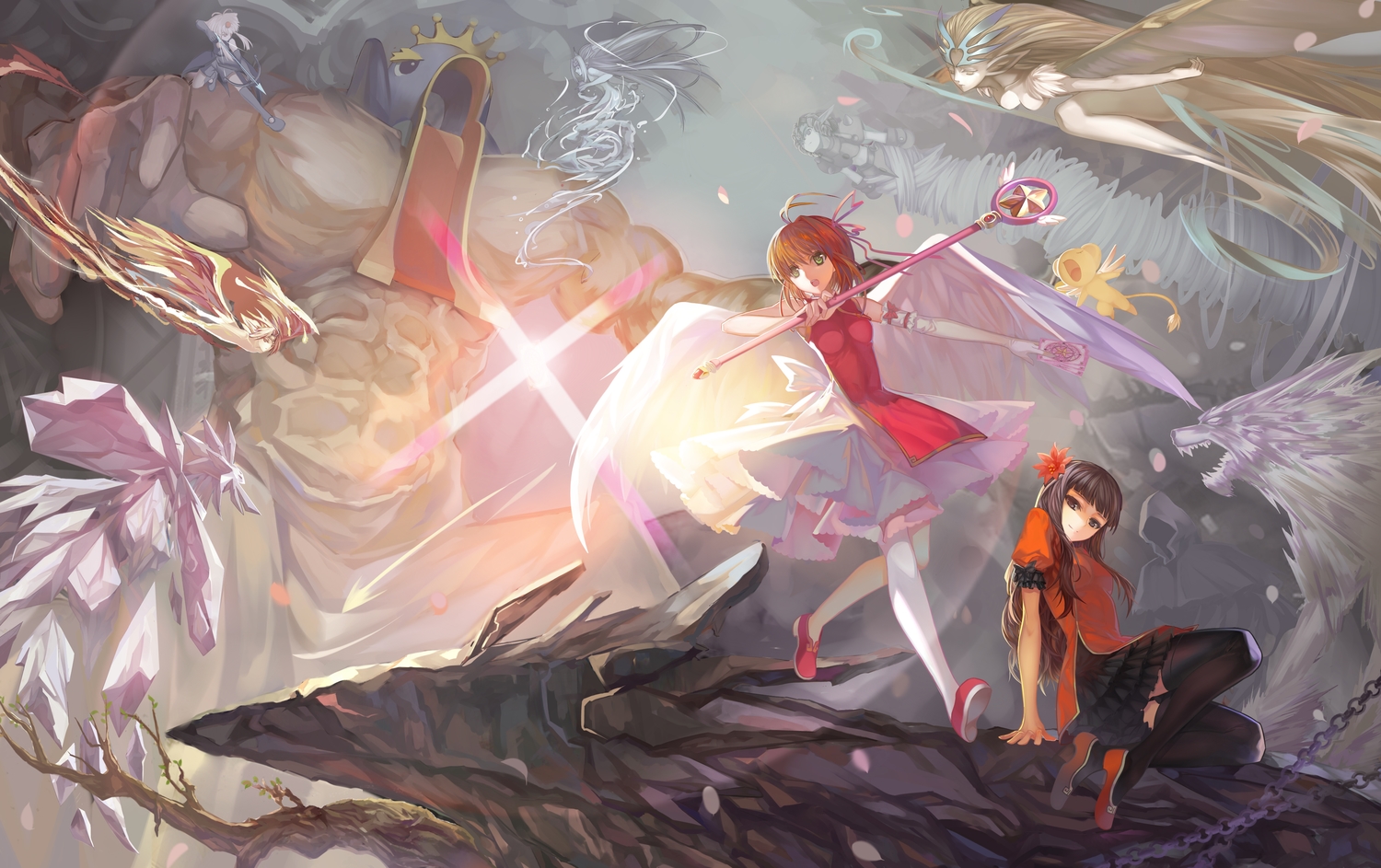 card_captor_sakura, chinese_clothes, chinese_dress, daidouji_tomoyo, dress, kero, kinomoto_sakura, paku