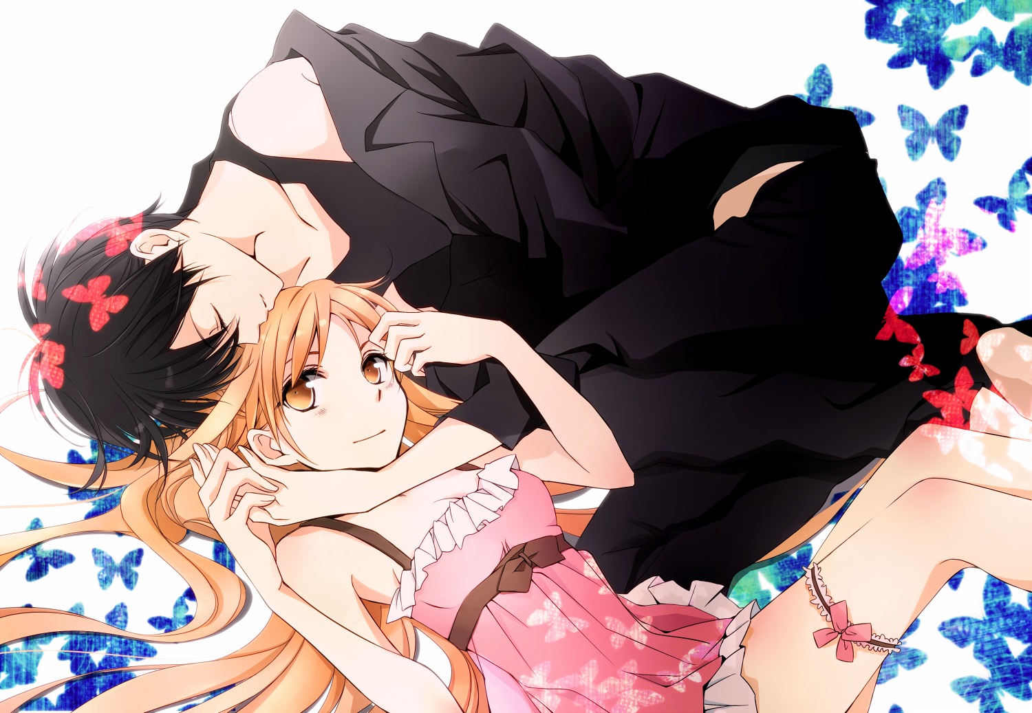 black_hair, blonde_hair, dress, kirigaya_kazuto, male, sword_art_online, tsukimori_usako, yellow_eyes, yuuki_asuna