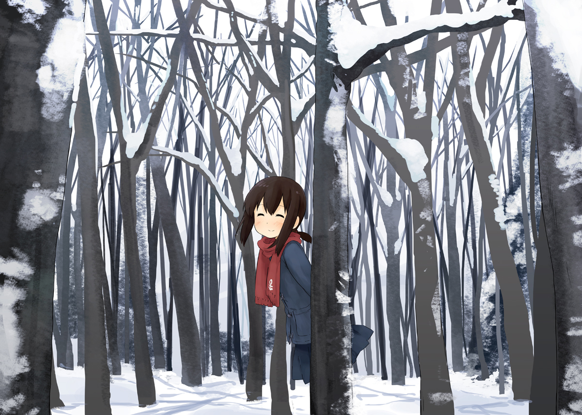 abe_kanari, anthropomorphism, forest, fubuki_(kancolle), kantai_collection, scarf, snow, tree