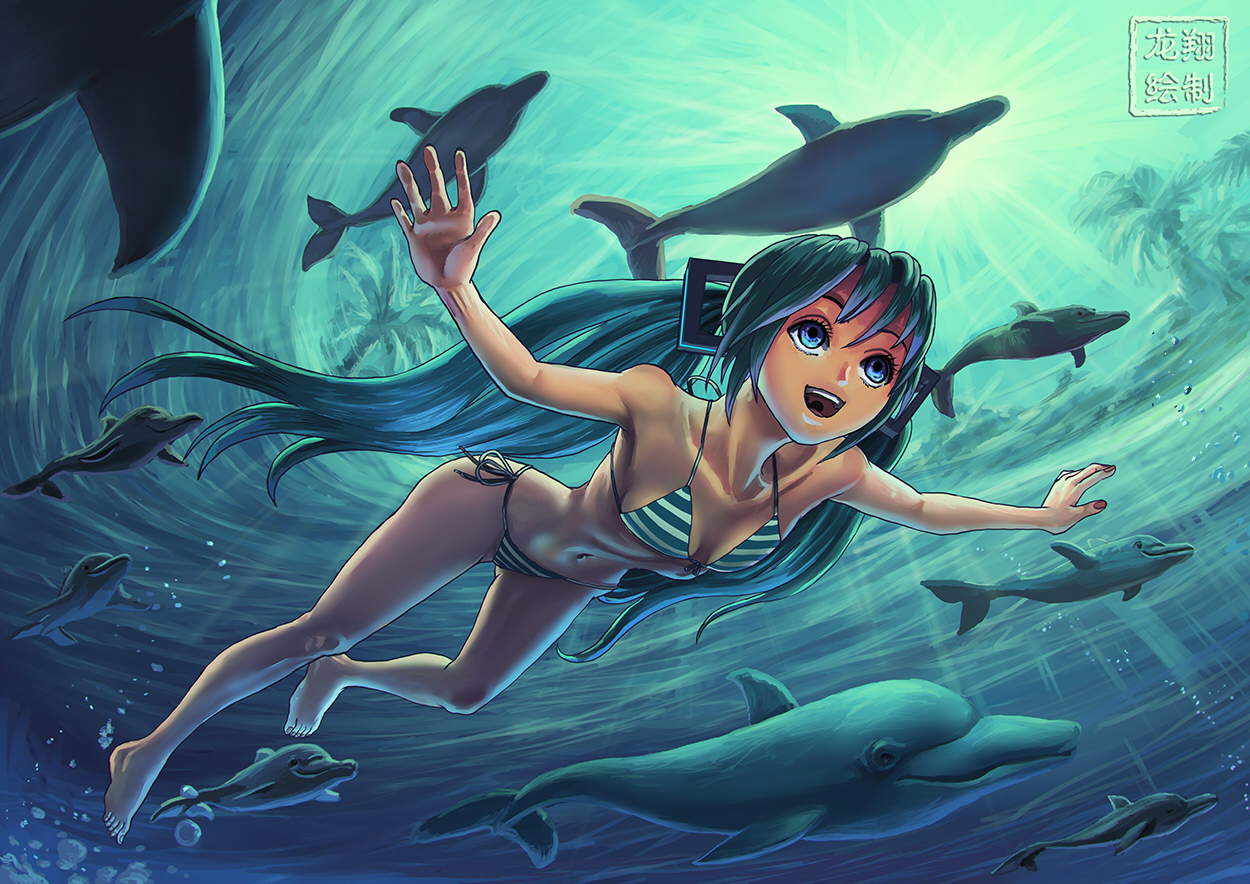 animal, aqua_hair, bikini, blue_eyes, breasts, cleavage, fish, hatsune_miku