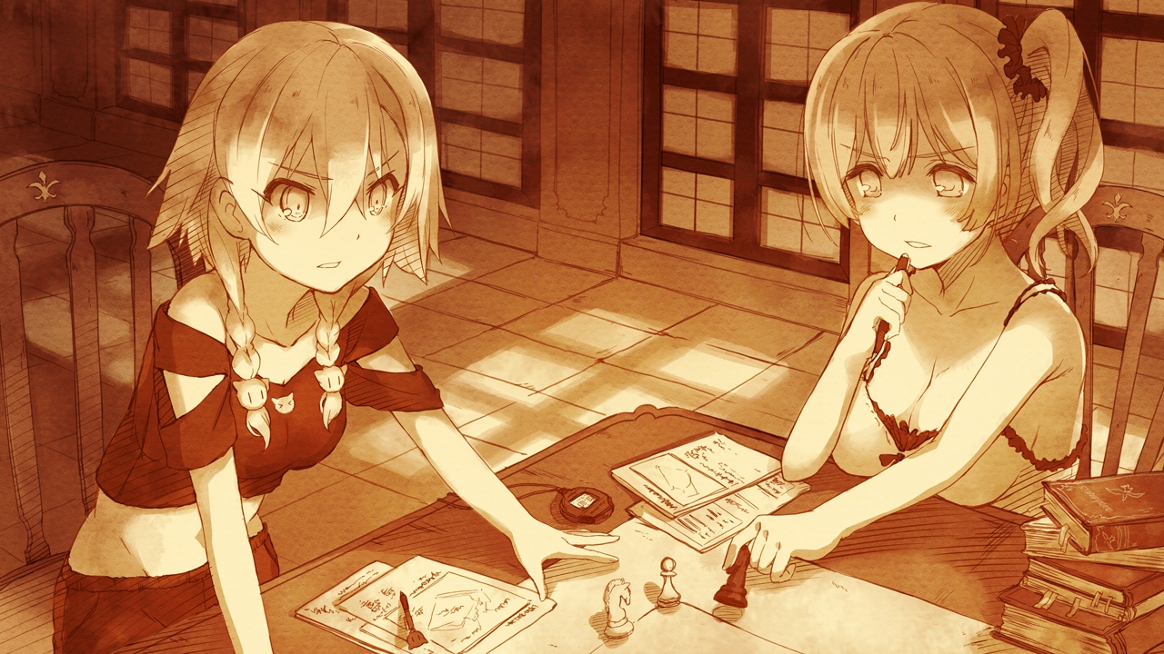 2girls, ao_no_kanata_no_four_rhythm, book, braids, breasts, cleavage, game_cg, inui_saki