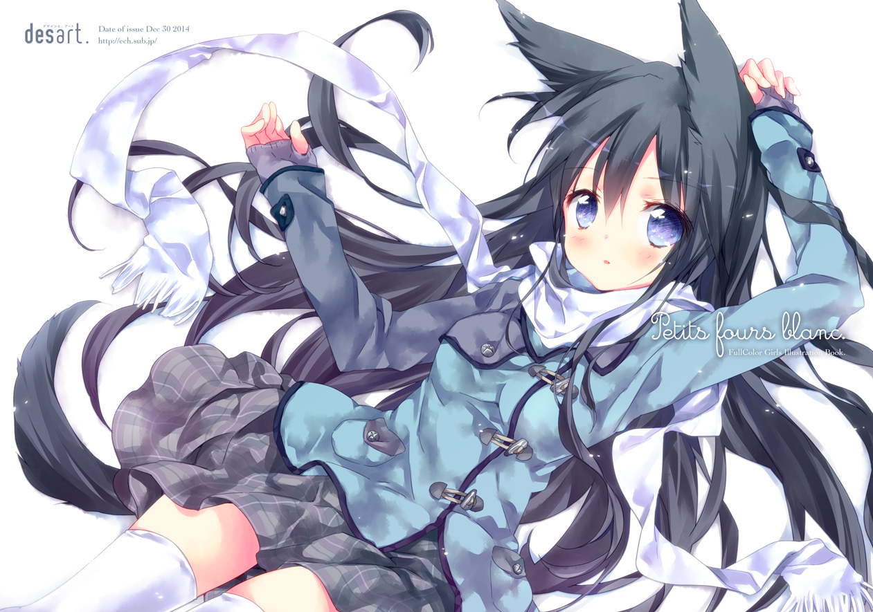 animal_ears, black_hair, blue_eyes, ech, foxgirl, long_hair, original, scarf, skirt, tail, thighhighs, zettai_ryouiki