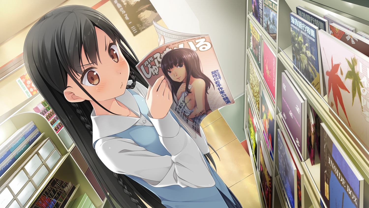 black_hair, book, brown_eyes, cube, game_cg, kantoku, koi_suru_kanojo_no_bukiyou_na_butai, long_hair