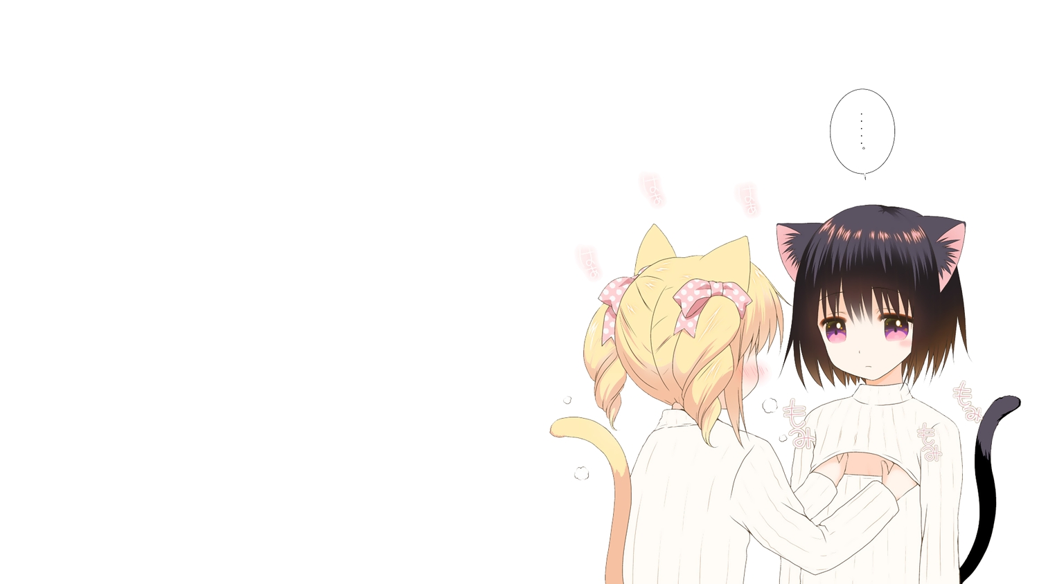 animal_ears, black_hair, blonde_hair, catgirl, kuromaru, original, purple_eyes, short_hair, tail, white