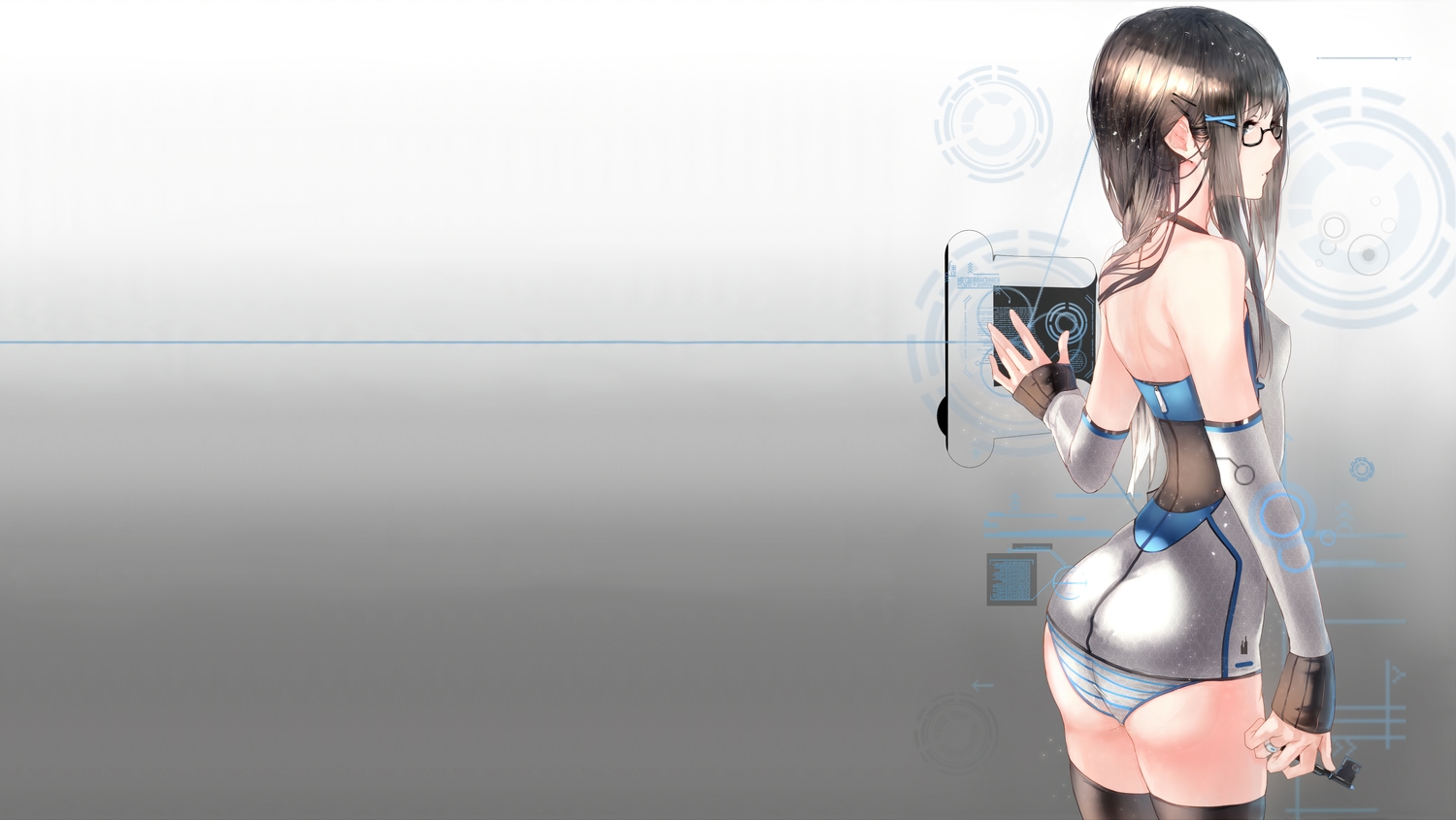 ass, black_hair, glasses, gradient, hadean92, long_hair, original, panties, striped_panties, thighhighs, underwear