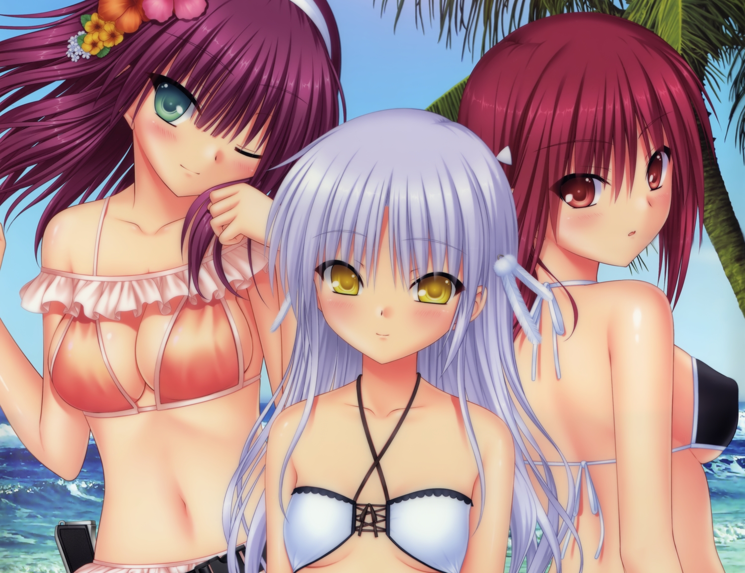angel_beats!, bikini, cropped, gray_eyes, iwasawa_masami, na-ga, nakamura_yuri, purple_hair, red_eyes, red_hair, scan, swimsuit, tachibana_kanade, yellow_eyes