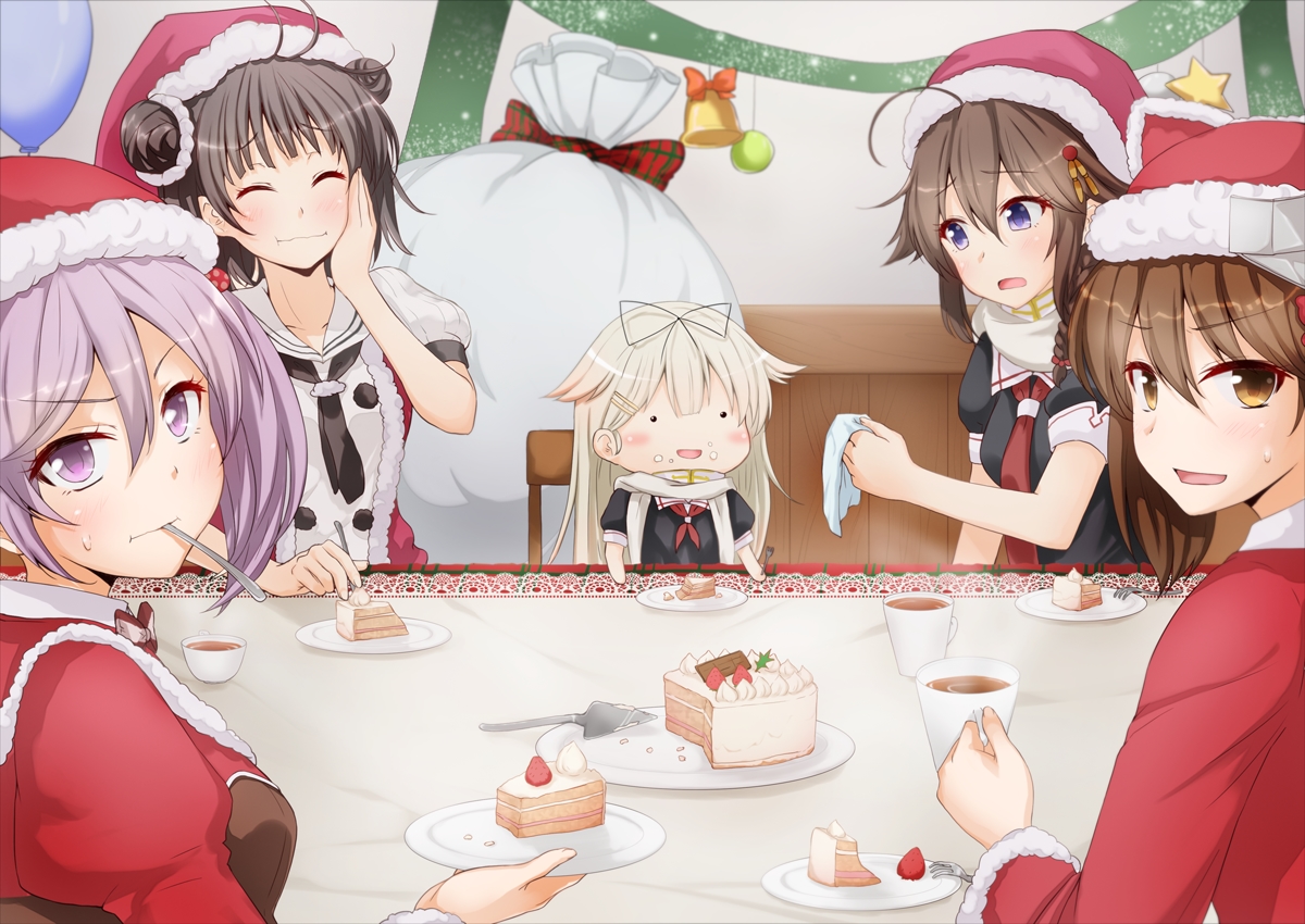 anthropomorphism, anti_(untea9), cake, chibi, christmas, food, group, kantai_collection