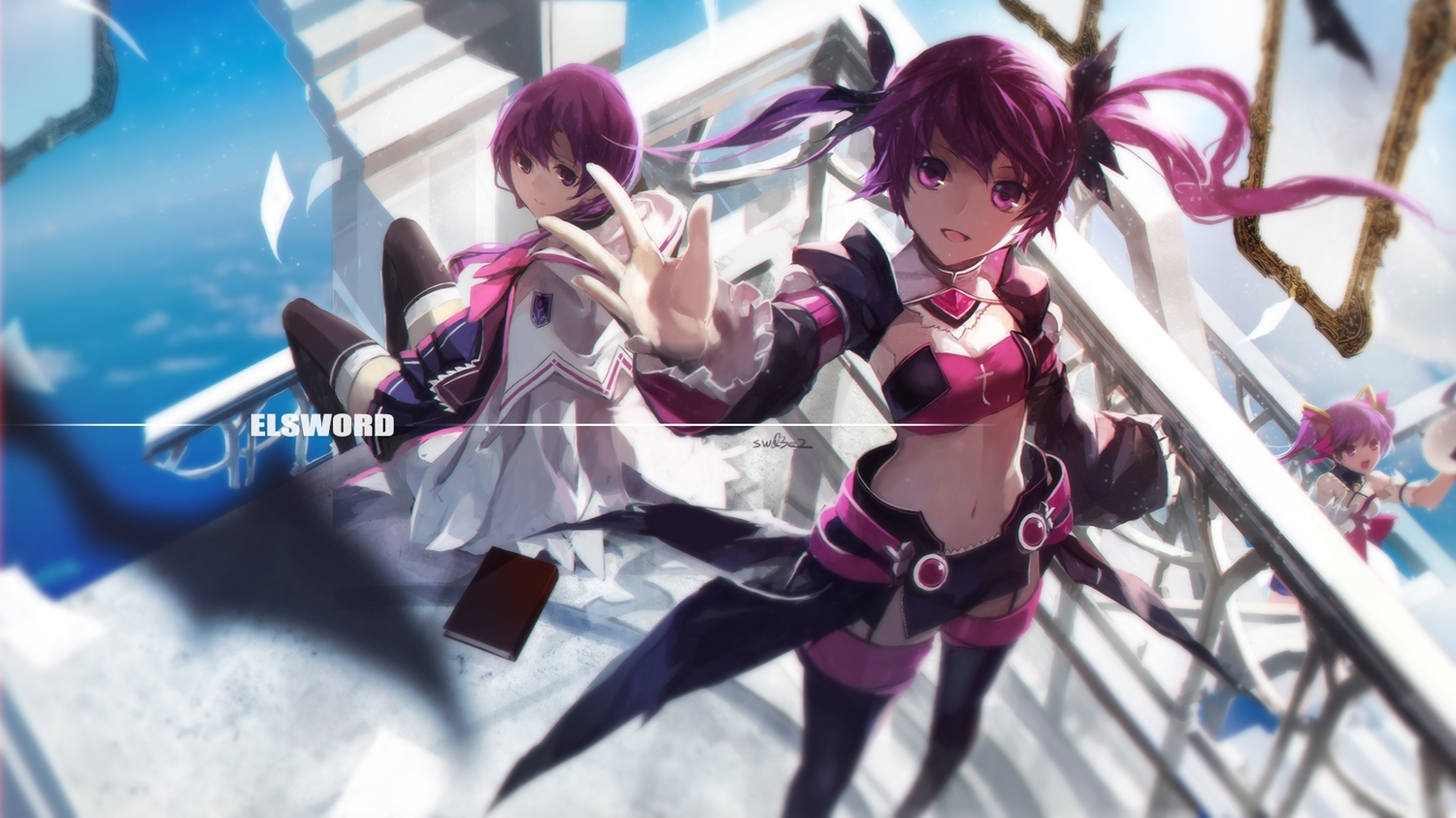 aisha_(elsword), book, breasts, cleavage, elsword, long_hair, navel, purple_eyes