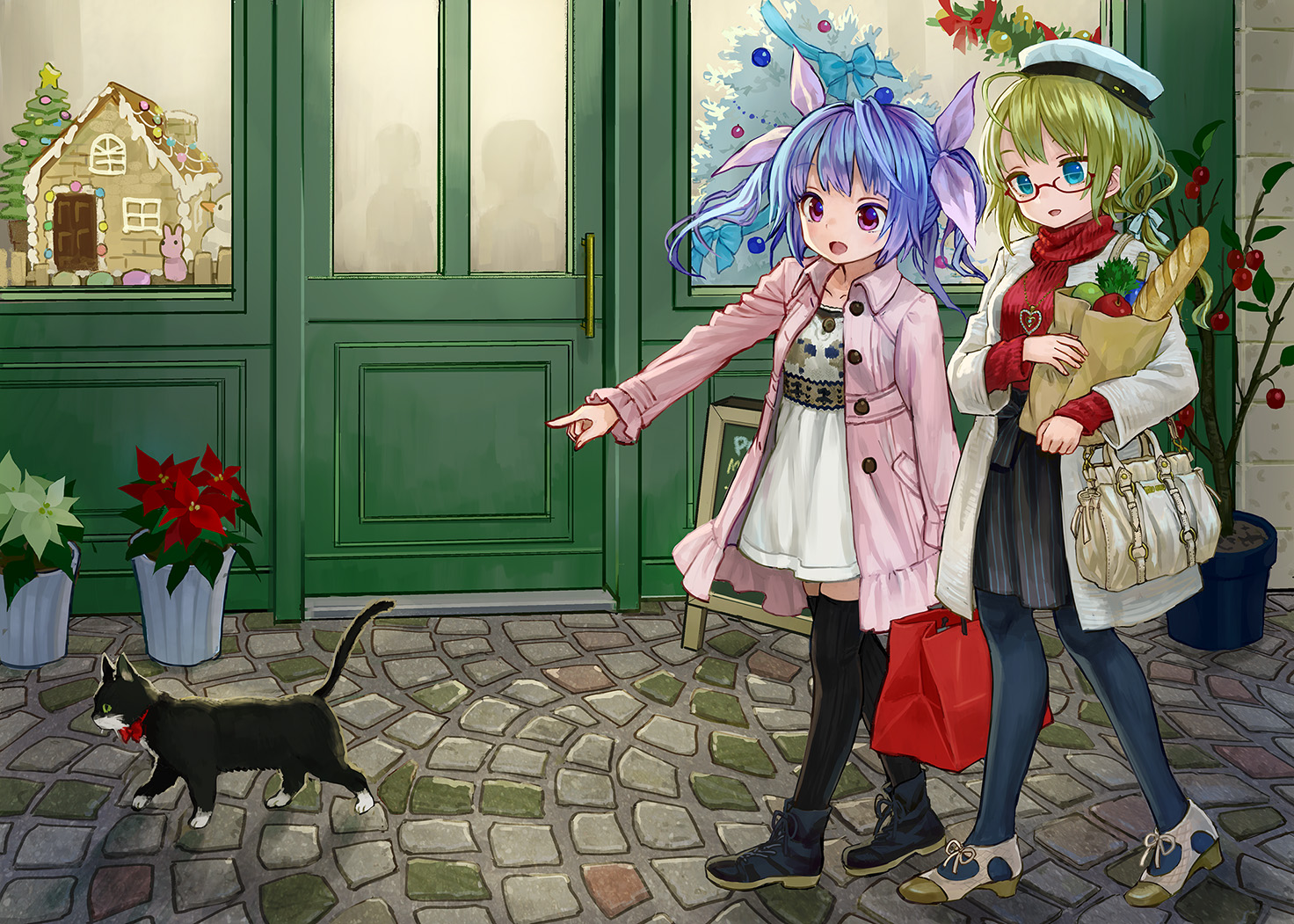 2girls, ama-tou, animal, anthropomorphism, apple, blue_eyes, blue_hair, cat, christmas, dress, flowers, food, fruit, glasses, green_hair, i-19_(kancolle), i-8_(kancolle), kantai_collection, kneehighs, pink_eyes, ribbons, skirt