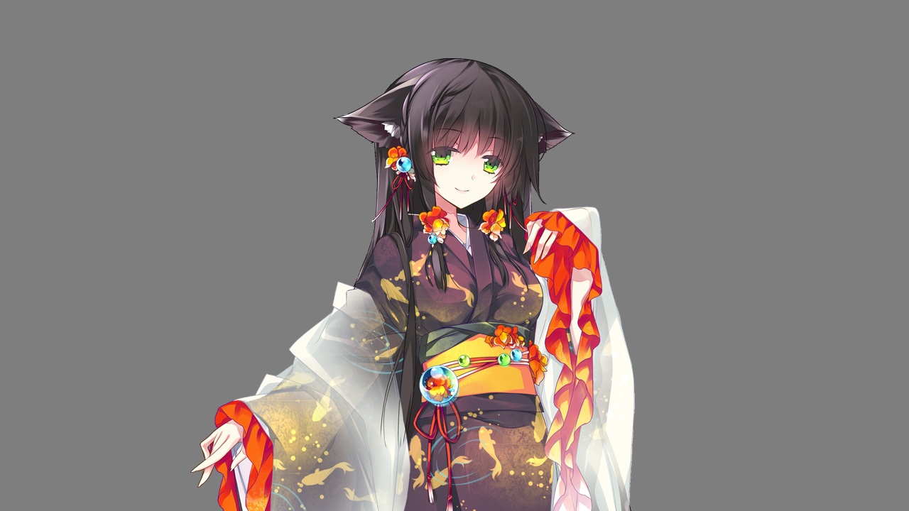animal_ears, catgirl, game_cg, green_eyes, japanese_clothes, kimono, kitten_philia, minazuki_haruka